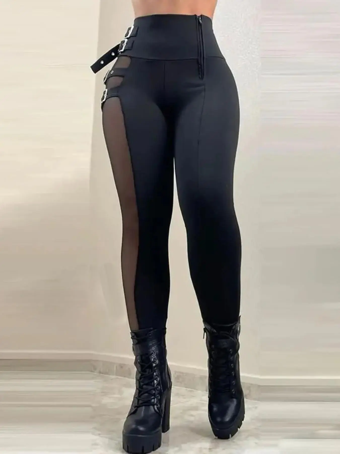 Women's Solid Grommet Eyelet Contrast Mesh Skinny Pants, Street Fashion Buckle Decor High Waist Trousers for Daily Outdoor Wear, Women's Bottoms for Spring & Fall Valentine's Day, gift