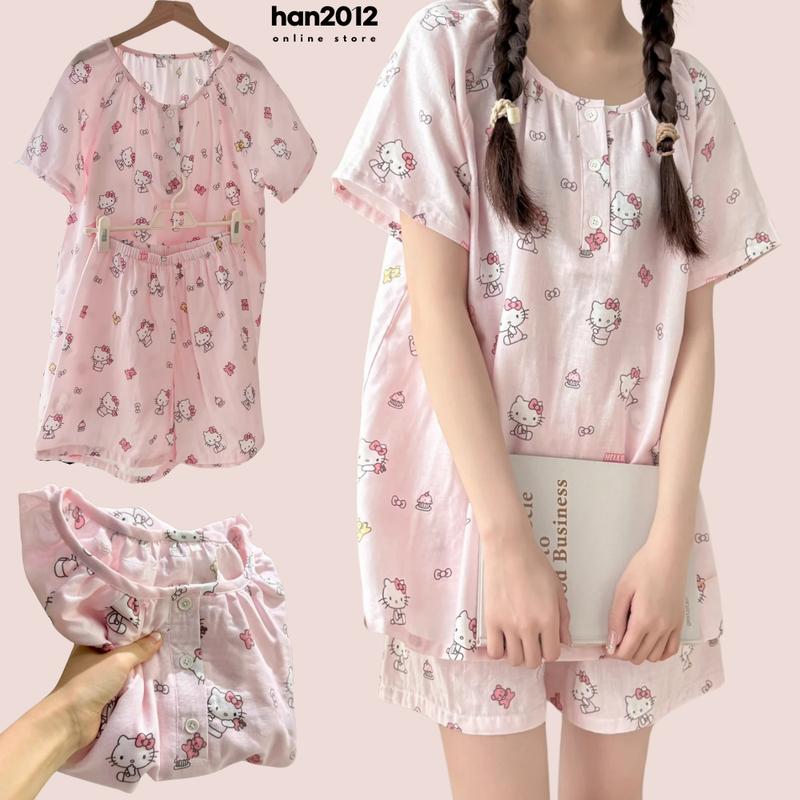 BỘ ĐỒ NGỦ PYJAMA in hình Hello Kitty hoạt hình dễ thương màu hồng cho nữ quần đùi ngắn tay mặc ở nhà - Mẫu mới nhất - Women đồ bộ pijama đẹp bộ ngủ mùa hè nữ