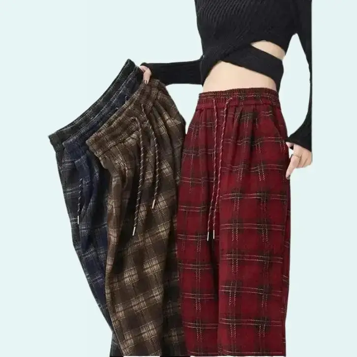 Quần Kẻ Caro UMI Dạ Ống Rộng Lưng Cao Hack Dáng Nữ Nhung Women Ong quần  caro