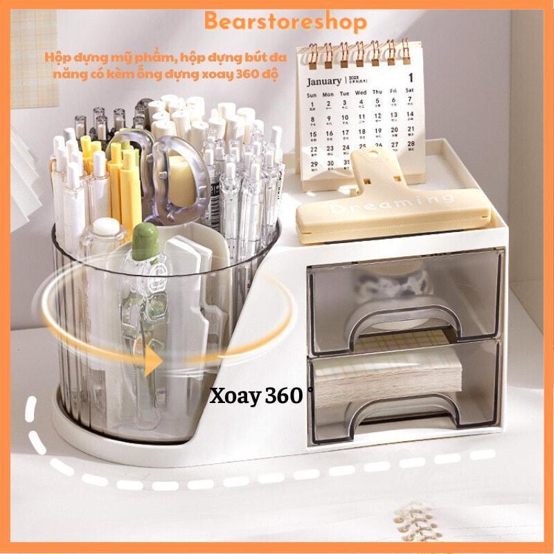 Hộp đựng mỹ phẩm, hộp đựng bút đa năng kèm ống đựng xoay 360 độ tiện dụng, có nhiều ngăn chứa đồ thông minh