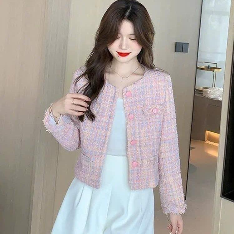 Áo khoác dạ tweed MÀU HỒNG TIỂU THƯ dáng ngắn cho nữ