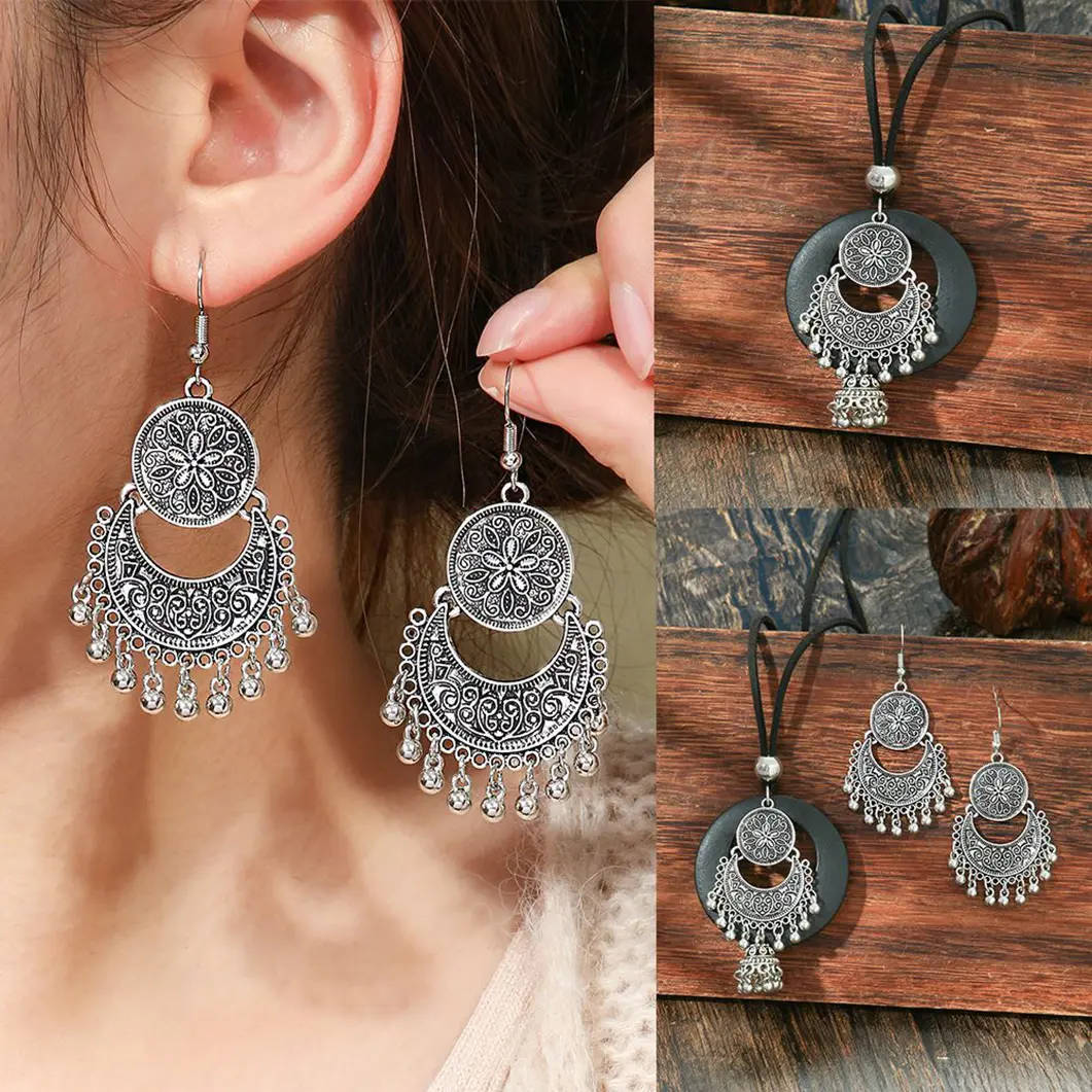 3Pcs Retro Ethnic Style Women's Jewelry Set Ancient Bronze Color Round Zinc Alloy Oil Painting Flower Fabric Tassel Earrings Necklace Set