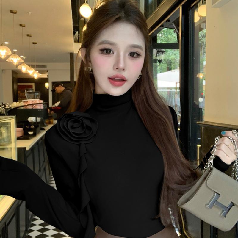 Áo Lớp Nền Hoa, Cổ Lọ Nửa, Dành Cho Nữ, Mùa Thu Và Mùa Đông, Cao Cấp, Hàng Mới Về 2025, Màu Đen, Dáng Ôm, Áo Thun Dài Tay, Có Thể Mặc Bên Trong Áo Cánh đồ trang trí ba chiều ren 1