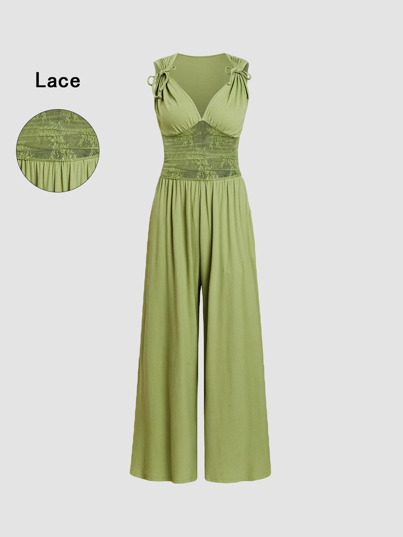 Women's Plain Ruched Deep V Neck Wide Leg Jumpsuit, Sleeveless Ribbed Jumpsuit for Daily Wear, Ladies Clothes for All Seasons, Casual Basic Jumpsuit