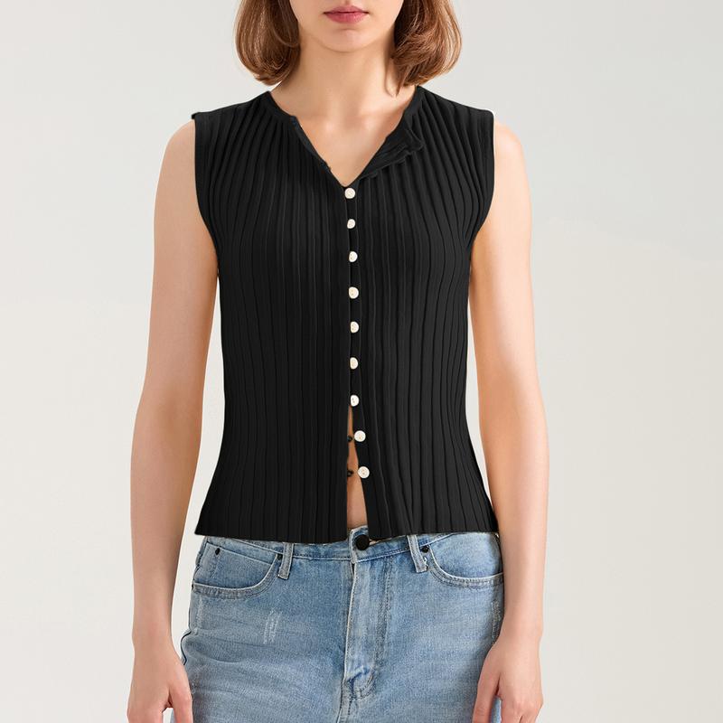 Product Introduction of Women Knit Tank Top, Sleeveless Button Closure SolidFit Summer Casual Vest Streetwear 33