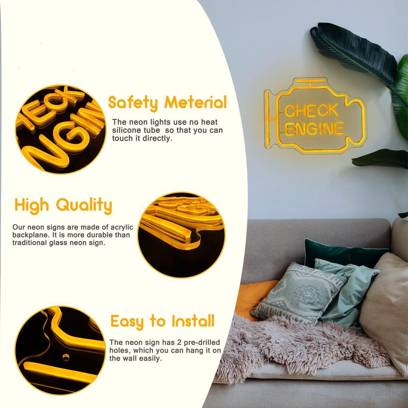Product Introduction of Check Engine LED Neon Sign, USB Powered LED Wall Mounted Art Light, Glowing Ambient Light for Bedroom Game Room and Party Decoration 5