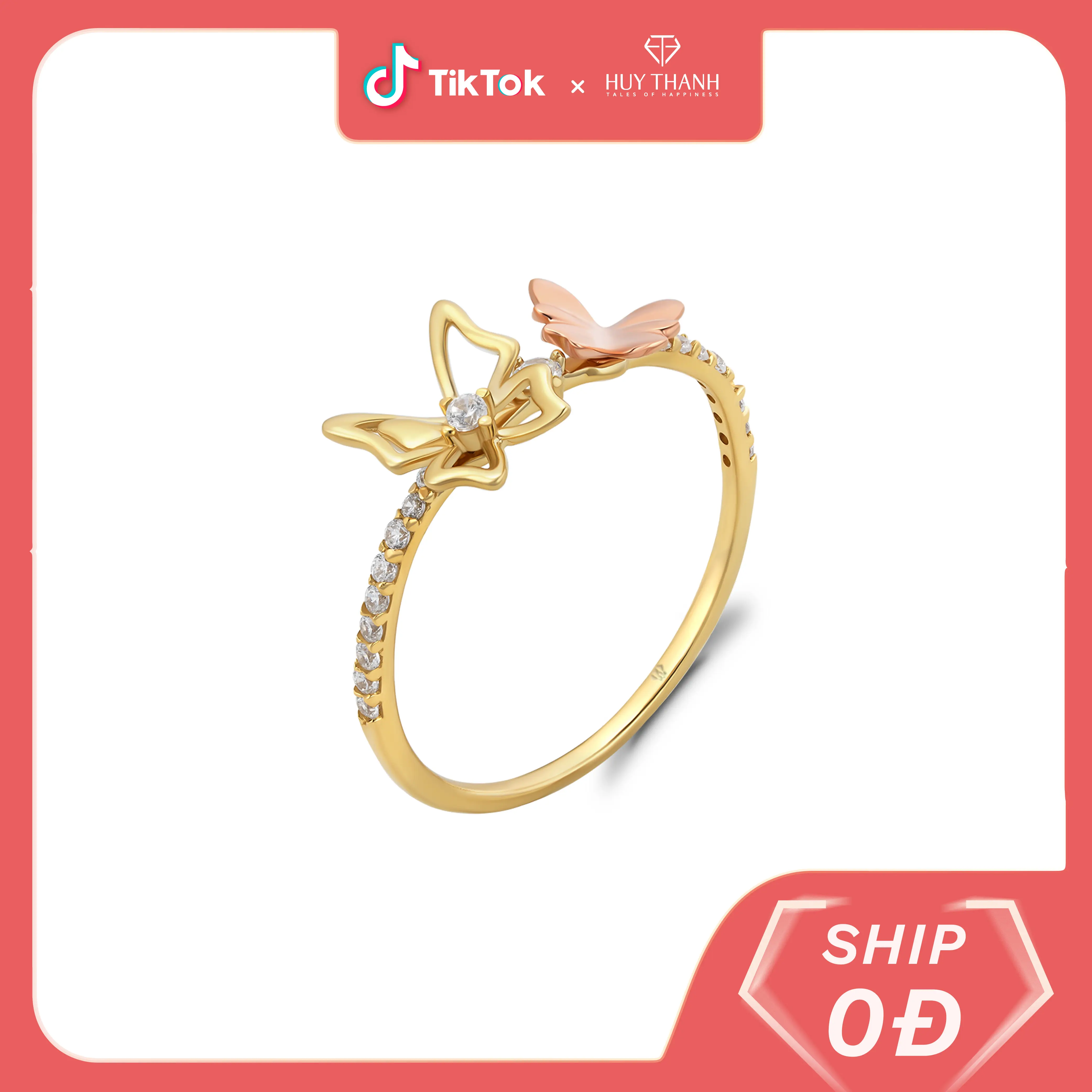 HuyThanhJewelry NLF498 Nhẫn nữ vàng 10k, 14k mix màu họa tiết Hồ Điệp