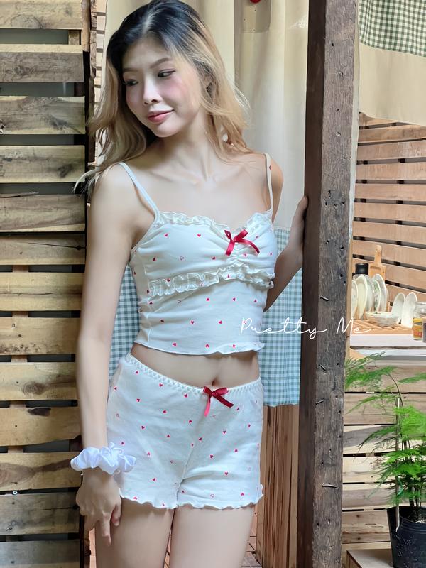 Vanilla set - set mặc nhà, bộ ngủ áo 2 dây quần đùi chất thun cotton hoạ tiết trái tim đỏ
