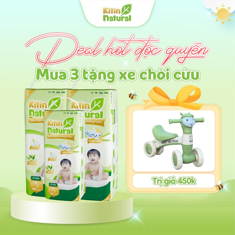 TẶNG XE CHÒI CỪU Khi mua combo 3 bịch tã bỉm Kitin Natural thương hiệu Việt mỏng thoáng, chống hăm cho bé, đủ size NB/S/M/L/XL/XXL/XXXL