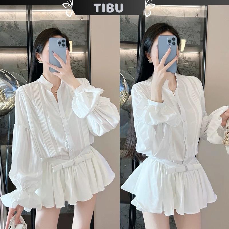 Set Áo Sơ Mi Tay Bèo Xếp Viền Phối Chân Váy Xoè Đính Nơ TIBU Set Đồ Nữ Đơn Giản Đê Thương Đi Chơi Đi Học B396
