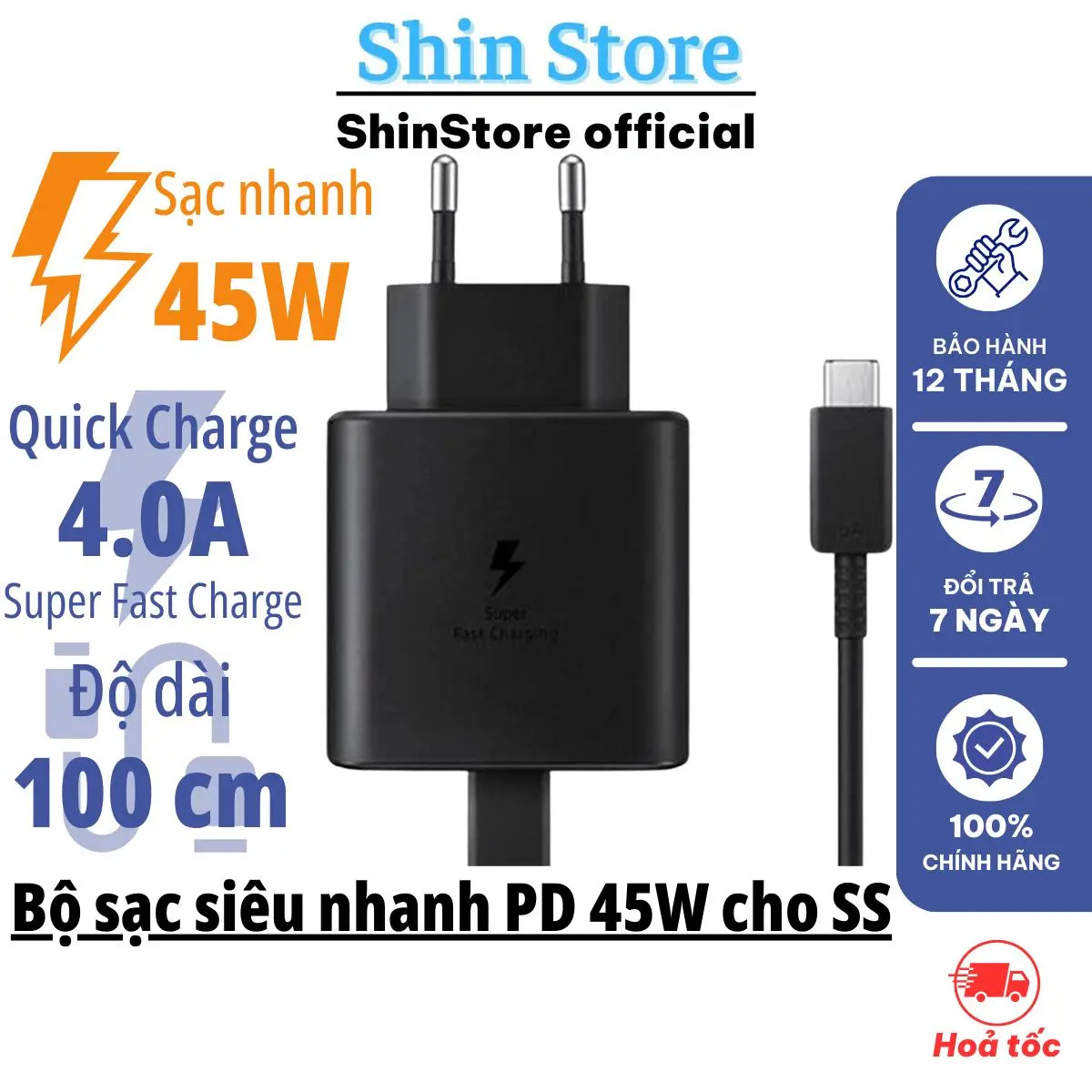 Bộ sạc nhanh siêu nhanh PD 45W cho SS Type C to Type C, Củ sạc + dây sạc nhanh 45W - Shin Store