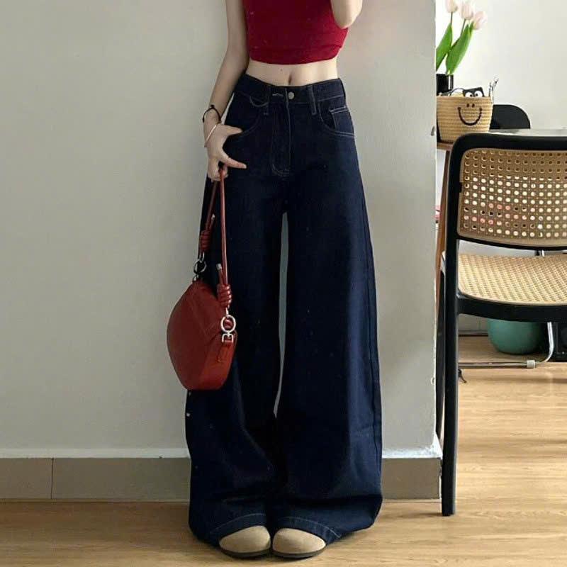 Quần Jean Nữ Ống Rộng Màu Xanh Đậm Viền Chỉ Nổi Hugobasssic Nữ Women Pant Ong Voi