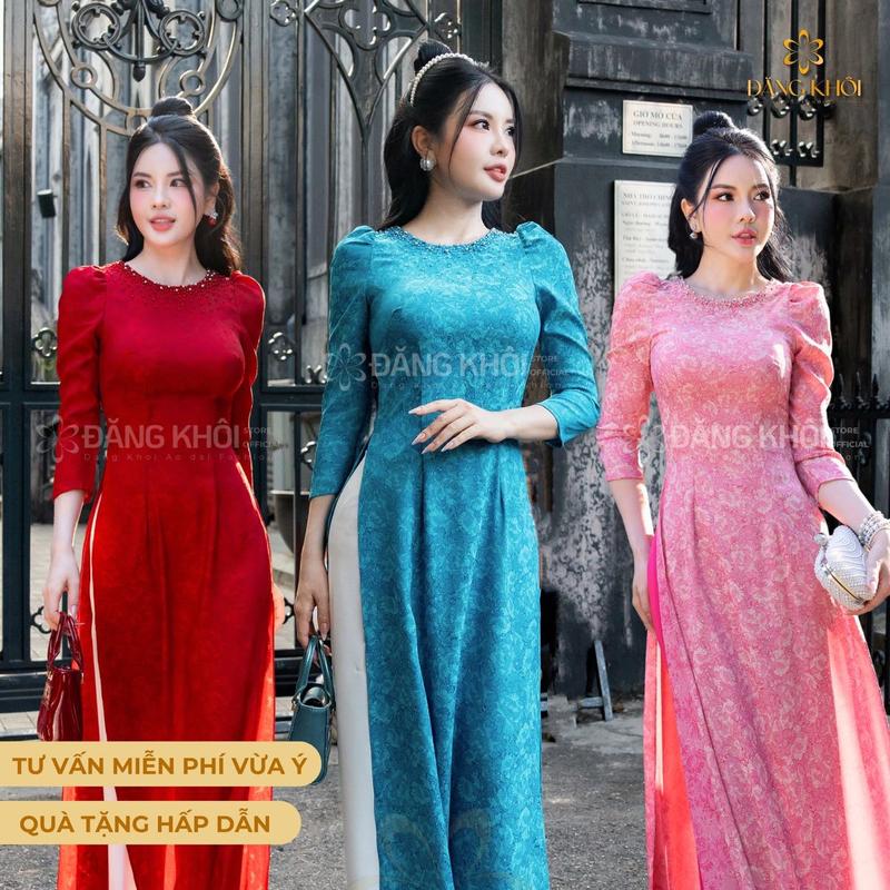 Áo Dài Kim Hoa - Áo Dài Lụa Gấm Cao Cấp Đăng Khôi Thiết Kế Tay Bồng Cổ Tròn Thêu Ngọc và Đá Cùng Tone 3 màu cho nữ - BST Áo dài Kim Hoa Women - Lụa gấm cao cấp mịn mát ít nhăn