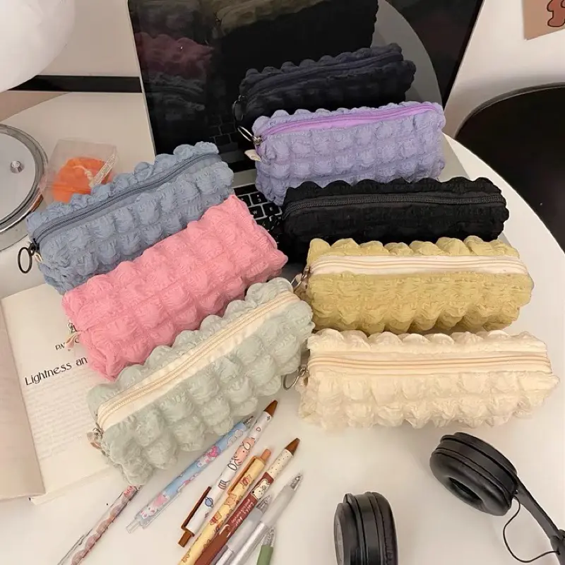 LITTLE DAISY | Crumpled Grid Pencil Case /Tempat Pensil Empuk Lembut / Korean Pencil Case Import / Tempat Pensil Aesthetic Korean Style Stationery
