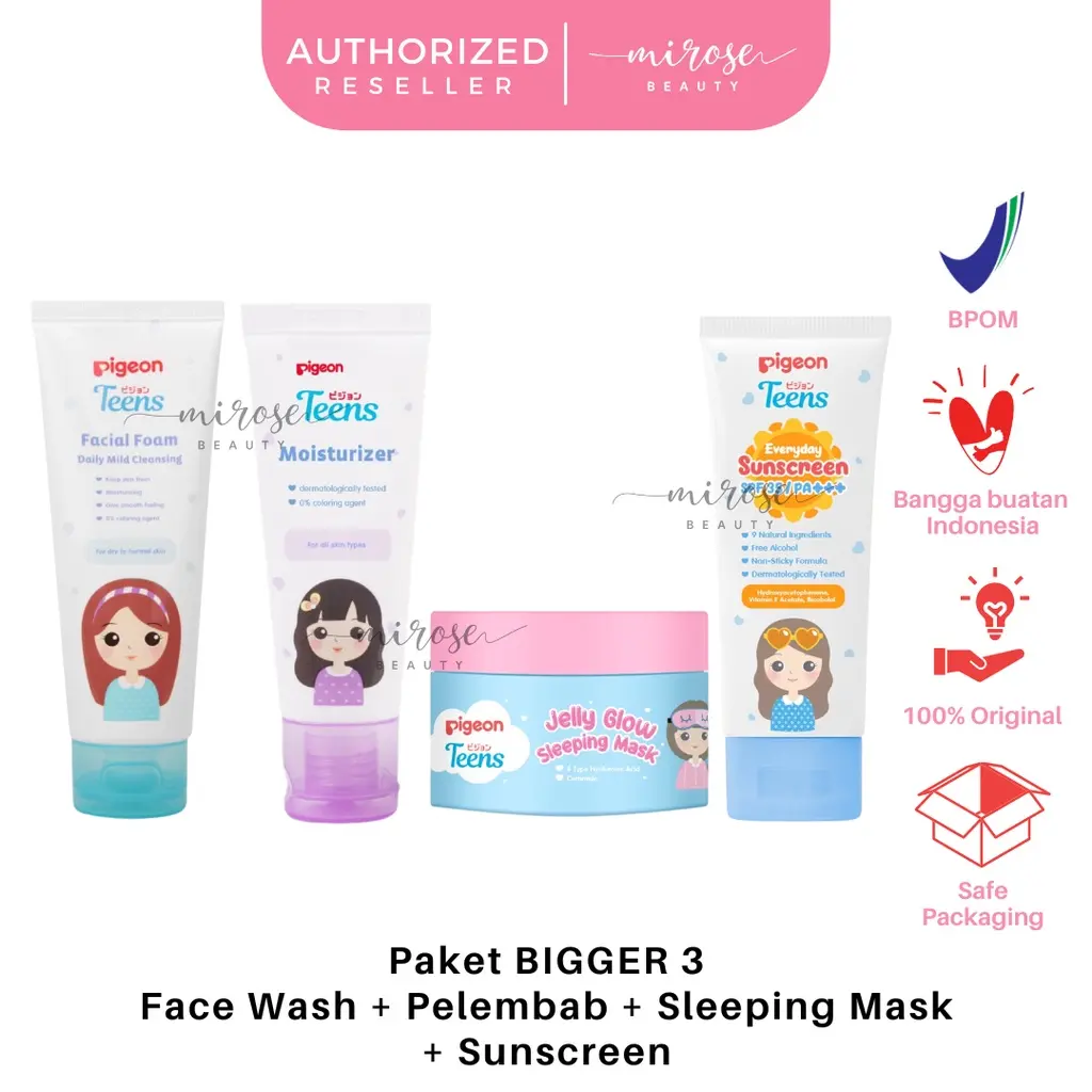 [ISI 4] PIGEON TEENS Paket BIGGER 3 :  Face Wash 100ml + Moisturizer 50ml + Sleeping Mask + Sunscreen | Paket Full Size Remaja Isi 4