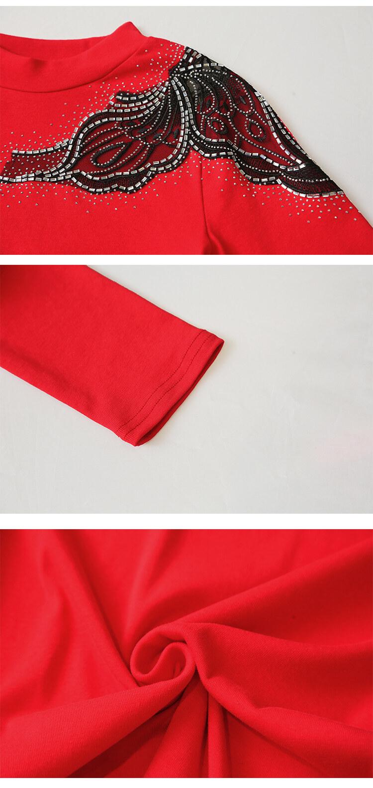 Product Introduction of Áo Sơ Mi Cơ Sở Cotton, Phong Cách Châu Âu, Dài Tay, Cổ Tròn, Thiết Kế khoét Ren Và Kim Cương Giả Màu Đỏ, Thời Trang, Thích Hợp Cho Mùa Xuân Và Mùa Hè, Áo Thun Nữ Đẹp, DL, Xu Hướng 2025 25