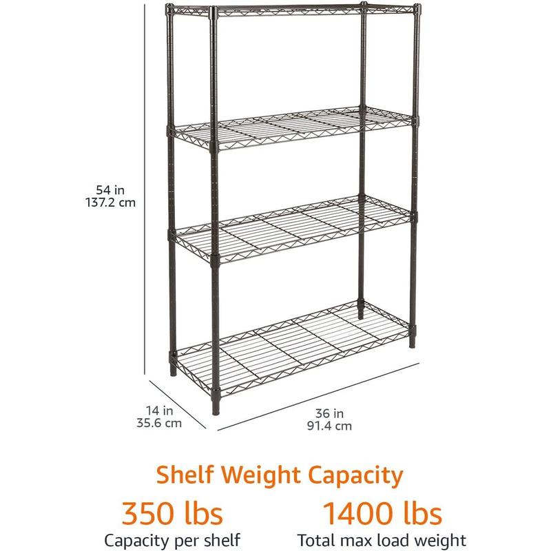 Basics 4-Shelf Storage Unit With Height Adjustable Shelves and Levelling Feet, 640 kg Max Weight, Black, 35.6 cm D x 91.4 cm W x 137.1 cm H 2