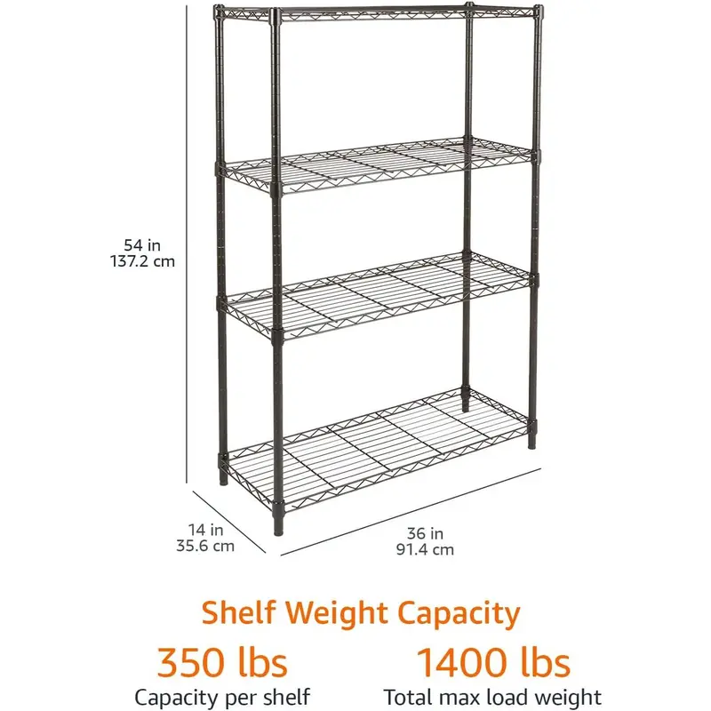 Basics 4-Shelf Storage Unit With Height Adjustable Shelves and Levelling Feet, 640 kg Max Weight, Black, 35.6 cm D x 91.4 cm W x 137.1 cm H Organiser Racks 2