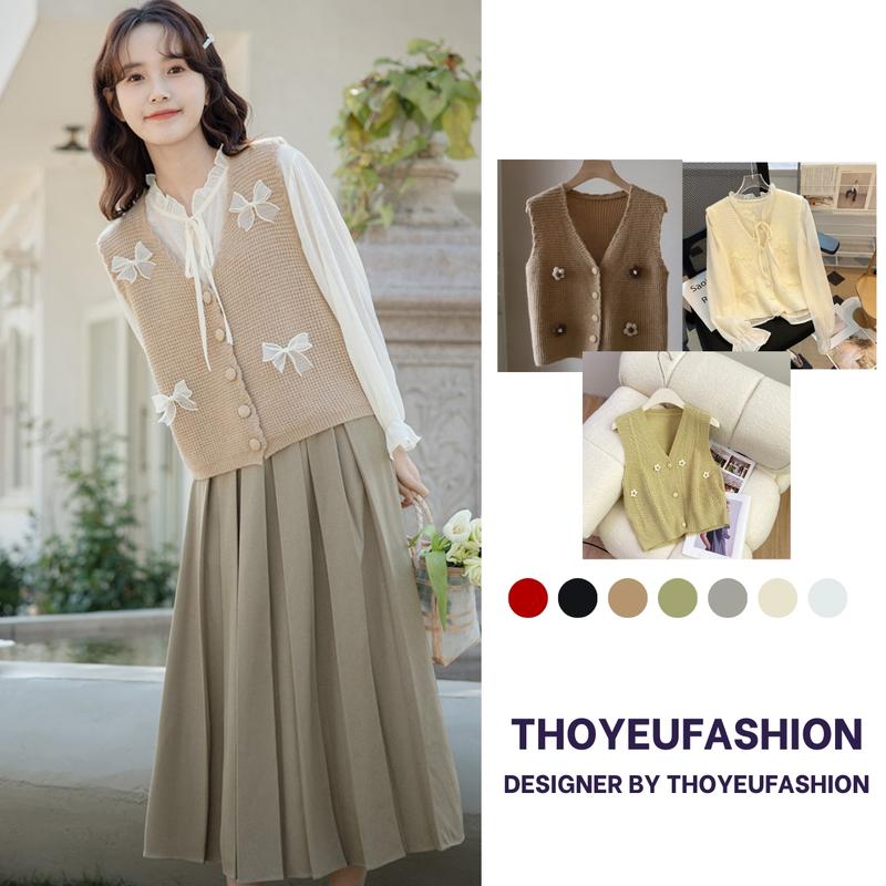 Áo Gile len nữ thêu hoa với 3 khuy thiết kế, Ghile dệt kim cổ V tiểu thư hàn quốc Quảng châu 2361 gile  len Kem