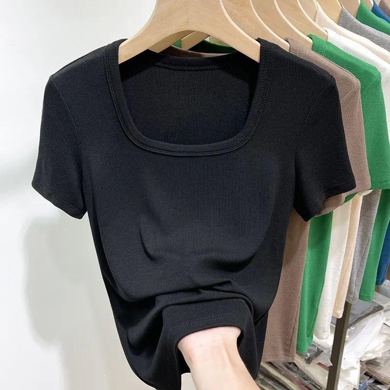 Product Introduction of Large Size Women's Korean-Style U-Collar Shoulder Striped Short-Sleeved T-shirt Women's Summer Fat Sister Versatile Belly Covering Short Top 8