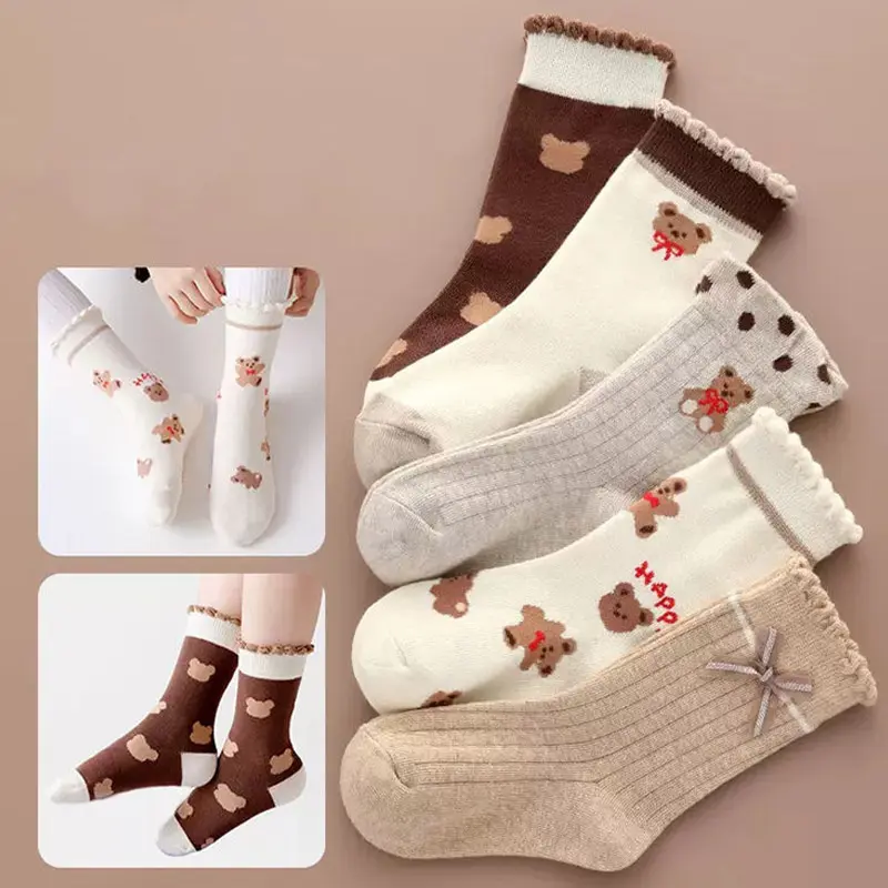 Tất Cotton Ấm Áp Cho Bé, 5 Đôi / lô, Gấu Hoạt Hình, Mùa Thu Đông, Cho Trẻ Mới Biết Đi, Bé Trai Và Bé Gái, Nơ In Hình Dễ Thương, Tất Ống Giữa Cho Trẻ Em 0