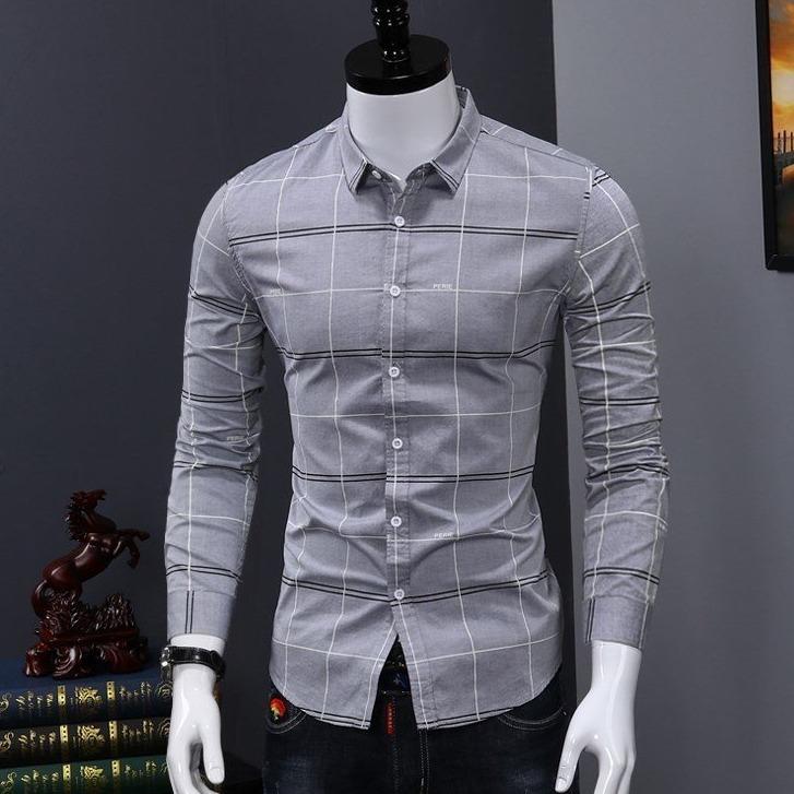  Áo sơ mi nam dài tay caro phối họa tiết chữ PA.RI chất vải kate lụa thời trang nam PONIVA cao cấp Menswear Shirt Xám Shirt 