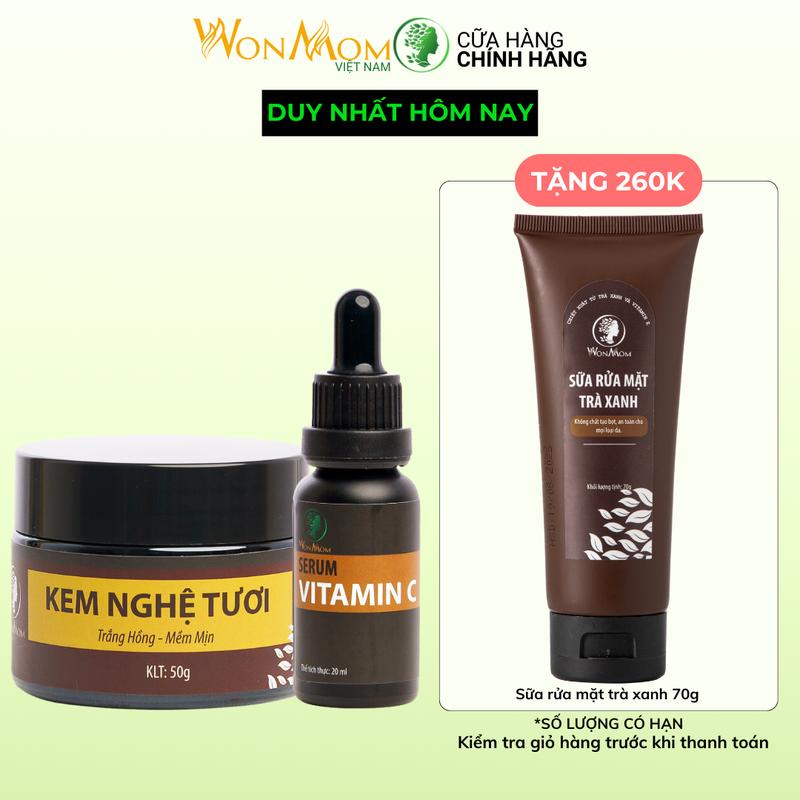 [TẶNG SỮA RỬA MẶT] Combo kem nghệ tươi 50g + serum vitamin C 20ml dưỡng da chuyên sâu Wonmom Skincare
