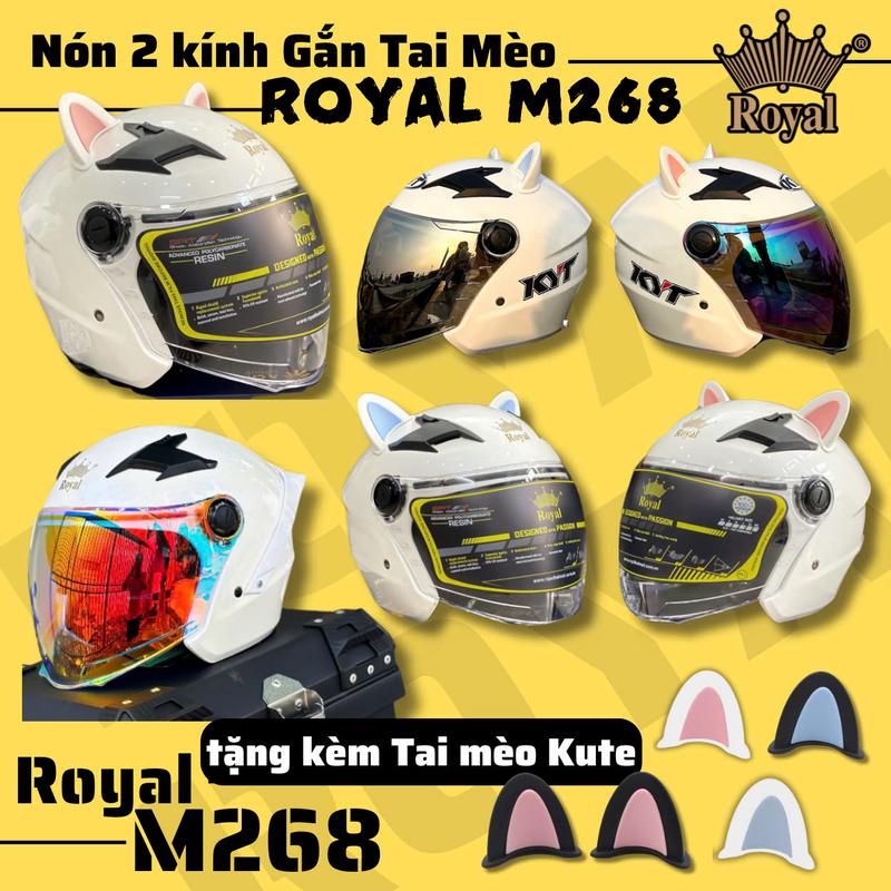 Nón bảo hiểm royal 3/4 2 kính M268 màu trắng bóng tăng kèm tai mèo và tem kyt kute