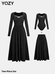 YOZY Women's Solid Bow Decor Sweetheart Neck Bodysuit & Skirt Two-piece Set, Casual Long Sleeve Jumpsuit & Skirt for Daily Wear, Ladies Clothes for All Seasons