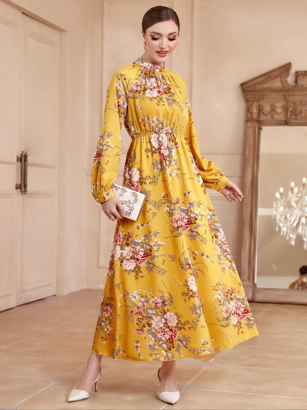Women's Floral Print Bishop Long Sleeve Mock Neck A-line Long Dress, Boho Flared Dresses, Summer Outfits 2024, Lady's Spring & Autumn Clothes 3