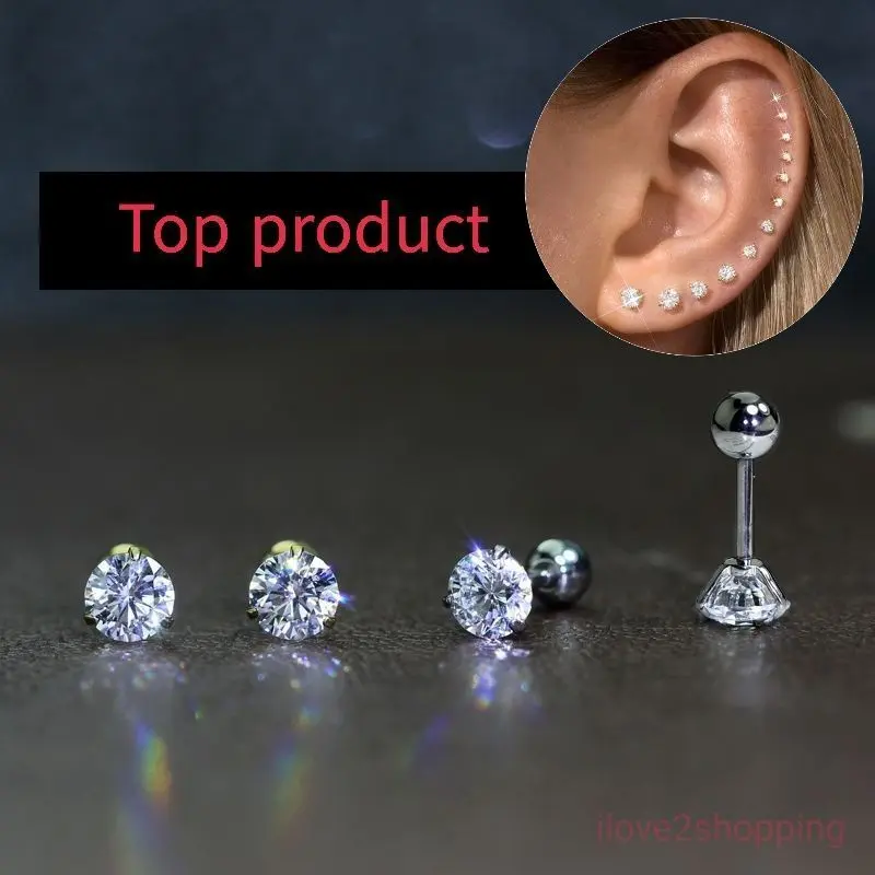 2PCs Shiny Diamond Stainless Steel Spiral Tragus New Zircon round Earrings for Men Women Anti-Allergic Non-Fading Ear Studs