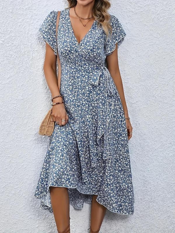 [Plus Size]Ditsy Floral Print V Neck Dress, Boho Fashion Casual Dress for Daily Holiday Vacation Wear, Women Plus Clothing for Summer 2