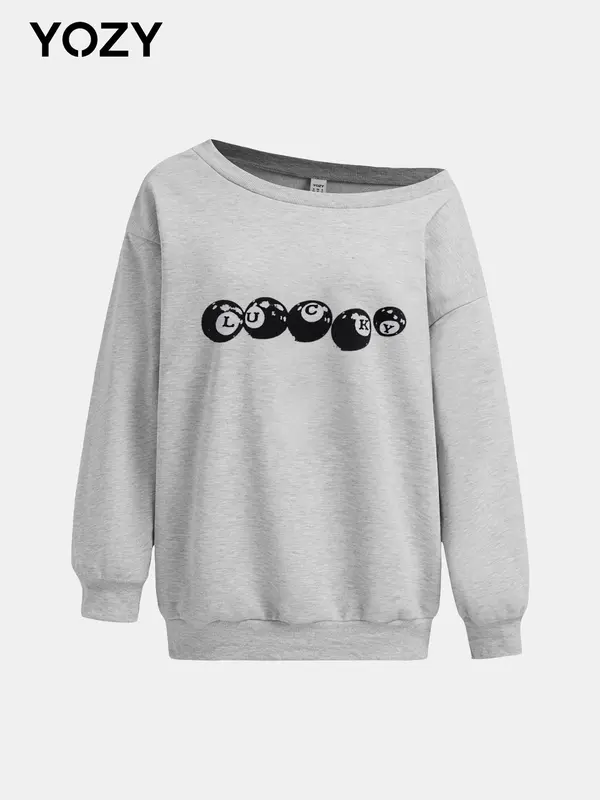 YOZY Women's Lip/Cherry/Billiard Ball Print Asymmetrical Neck Sweatshirt, Casual Drop Shoulder Long Sleeve Pullover for Spring & Fall, Ladies Clothes for Daily Wear 6