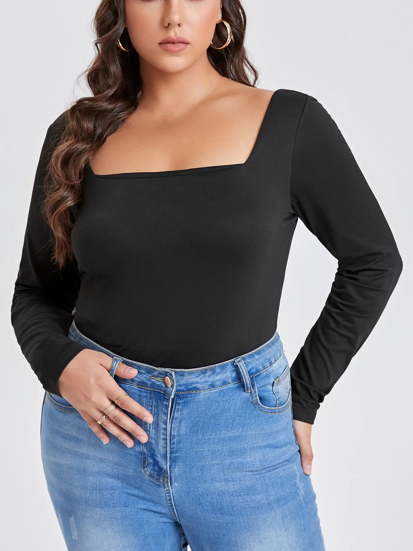 Plus Plain Square Neck Long Sleeve Skinny Tee, Casual Solid Crew Neck T-Shirt for Spring & Fall, Women's Plus Size Clothes for Daily Outdoor Basic Wear