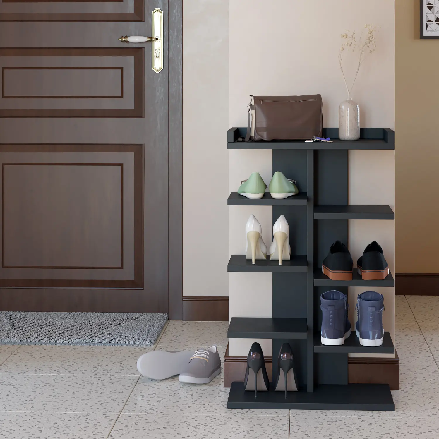 Rak Sepatu Sandal Susun Kayu Rak Tas Rak Multifungsi Minimalis Serbaguna Box Penyimpanan Sepatu Susun 5 Dinding Paku