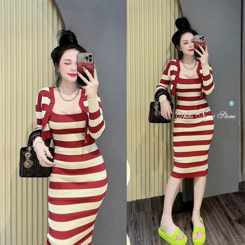 Set đầm len sọc body phối áo khoác len nút lửng! (Thảo Ngọc Store) Nữ Women Sọc Kẻ Top