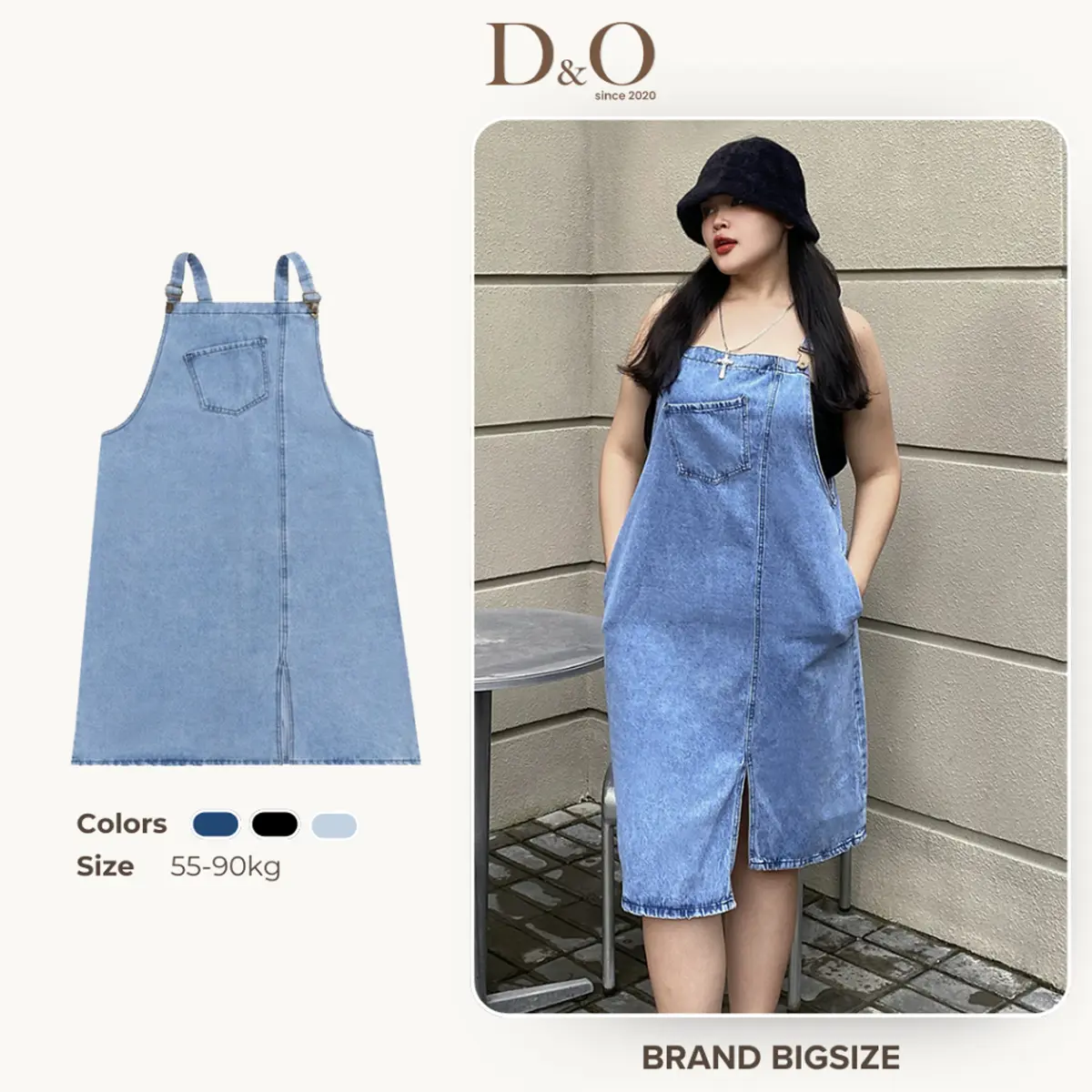 Yếm Váy Jeans Nữ Dáng Dài Bigsize 60-85kg Yếm Bò Tà Lệch May Túi Chéo Không Giãn
