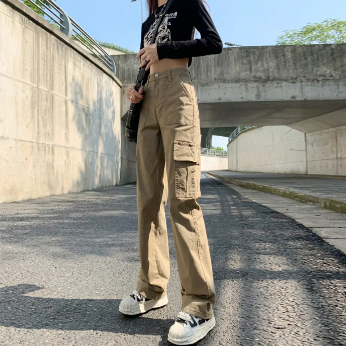 Solid color straight-leg fashion trend cargo pants WOMEN'S slim fit slacks