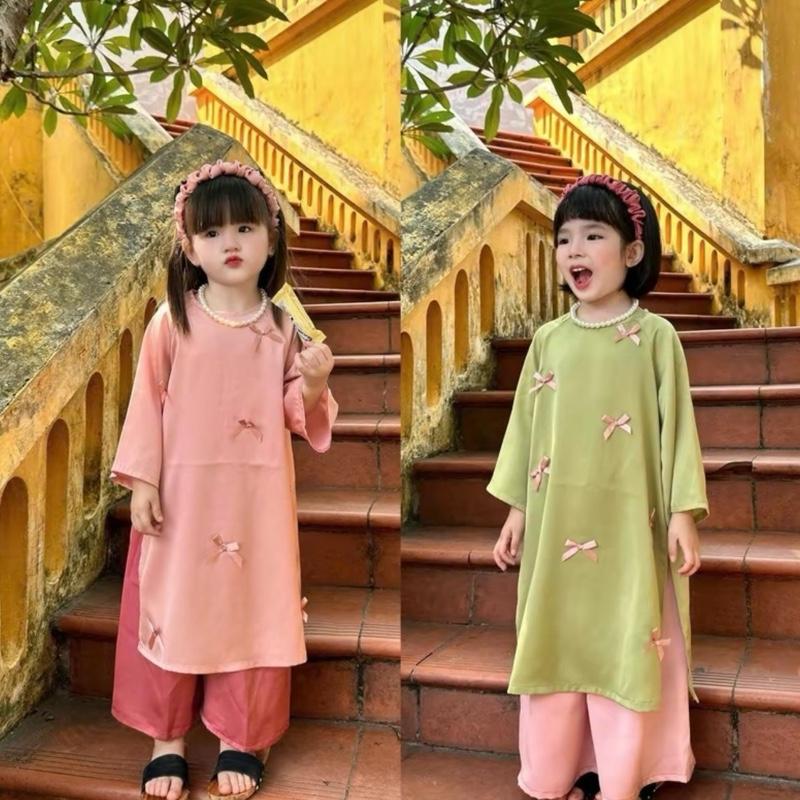 Áo Dài Tết lụa  Ngọc trai Cách Tân Cho Bé Gái 12kg - 34kg Tặng Kèm bờm Tóc Siêu Dễ Thương 7