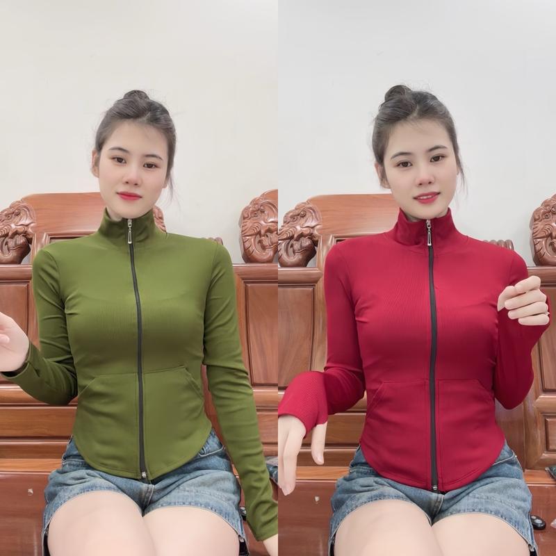 Áo Khoác Ủ Kem Cổ Lọ có túi 40-70kg Nữ Women Top Jacket Thun Gân ( không xỏ ngón)
