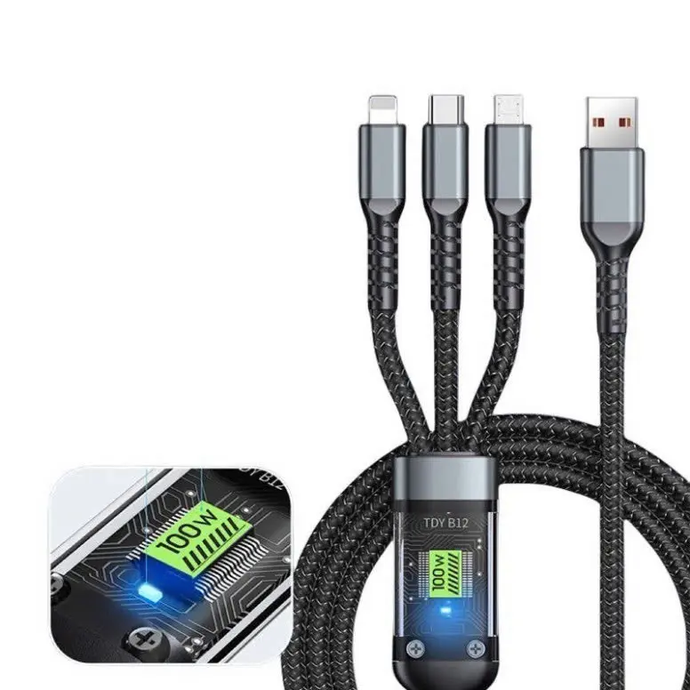 Dây Sạc Tự Ngắt 3in1 - Dây Cáp Sạc Dữ Liệu Sạc Nhanh 100W Micro USB Type C 3 Trong 1 6A 5