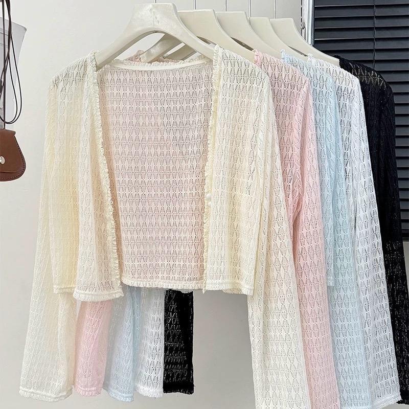 [AK017] Áo khoác cardigan ren mỏng hoạ tiết quả trám Nữ Top Women Jacket Kem Trắng