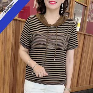 New Version Hoodie T-Shirt Mom Summer Short Sleeve Lady Stripe Hooded Tops Women'S Fitted EU Style Casual Shirts