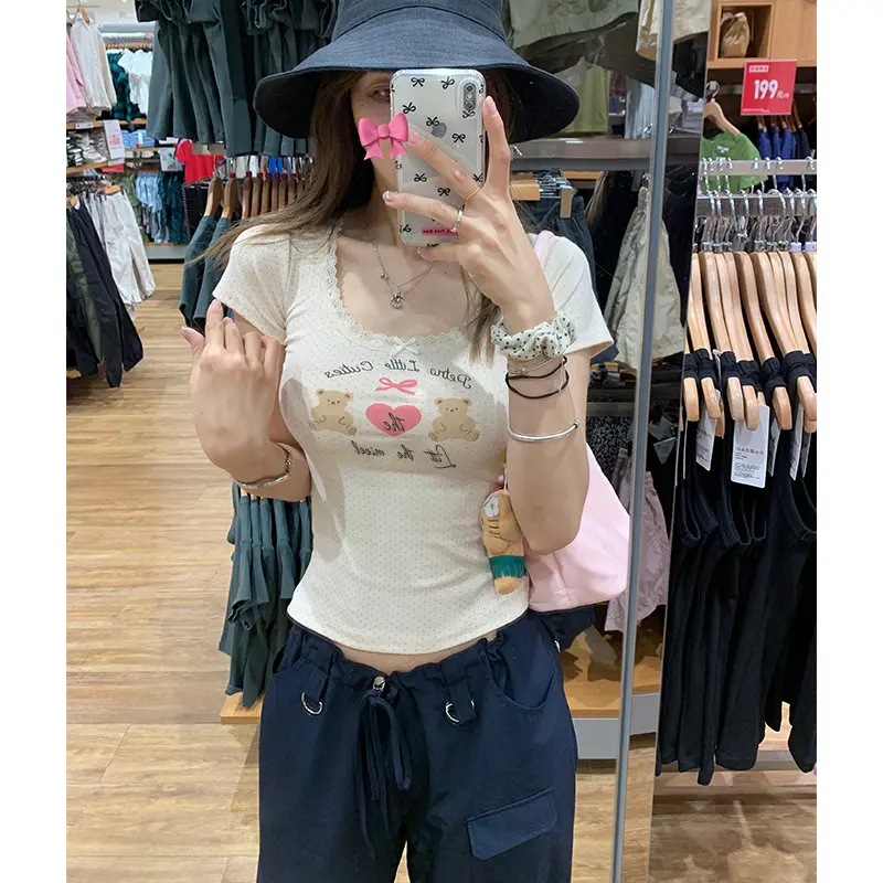 Summer 2025American Style Girl Dopamine Lace Bow Full Score Tee Cute Printed Short Sleeve Sweet Top
