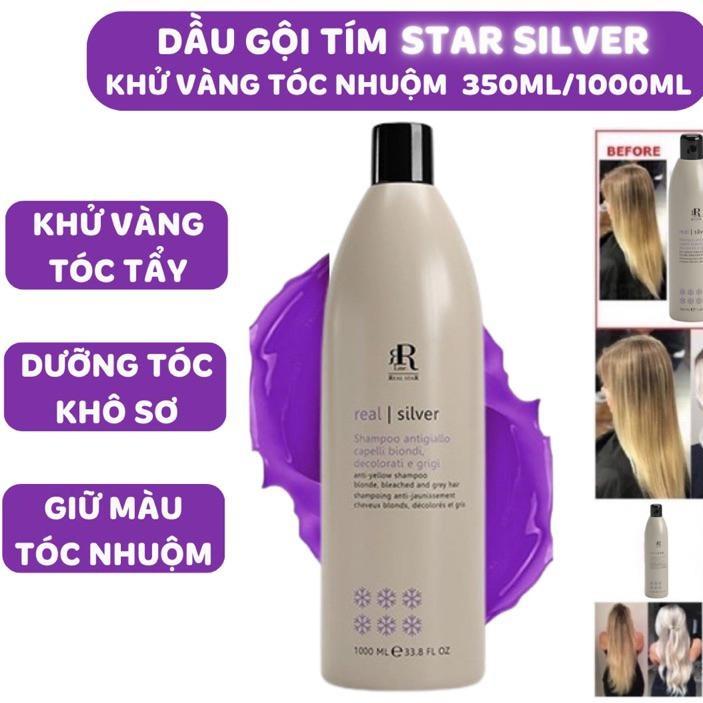 Dầu gội tím Real Star Silver 1000ML ITALY - KHỬ ÁNH VÀNG giữ màu cho tóc nhuộm, tóc tẩy bền màu
