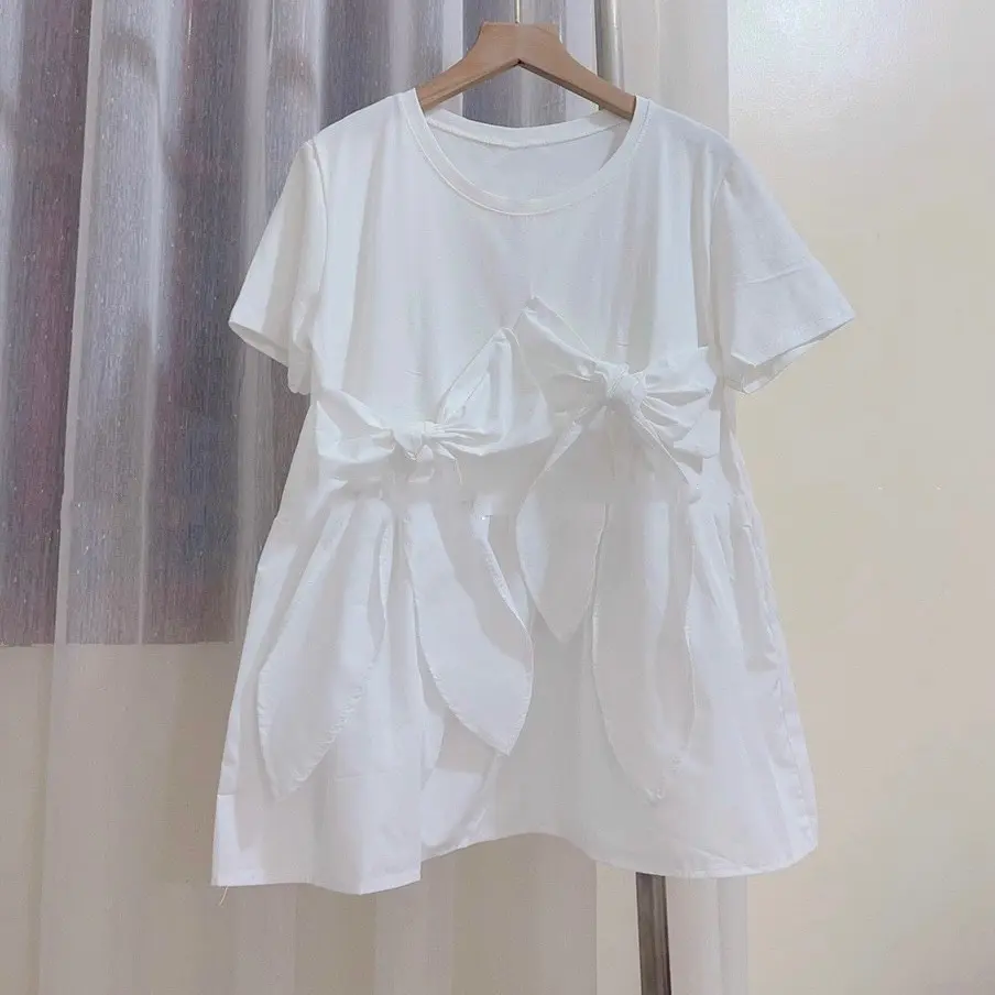 Áo cotton thân trên,phối sơ mi bên dưới,kết hợp nơ xinh xắn, mặc thường,bầu ,sau sinh!