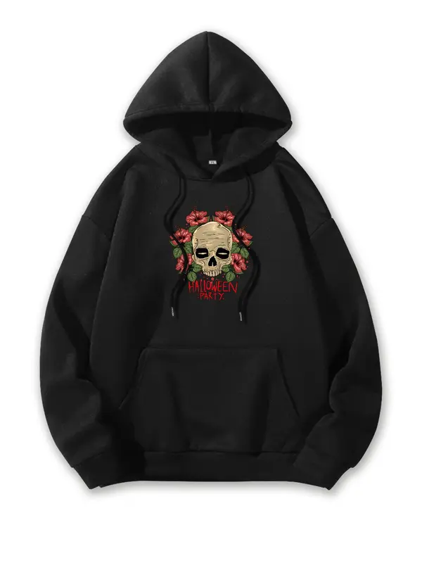 Men's Skull & Floral Print Drop Shoulder Thermal Lined Hoodie, Fashion Casual Drawstring Pocket Hooded Sweatshirt for Daily Holiday Outdoor Wear, Men Clothes for Fall & Winter 2