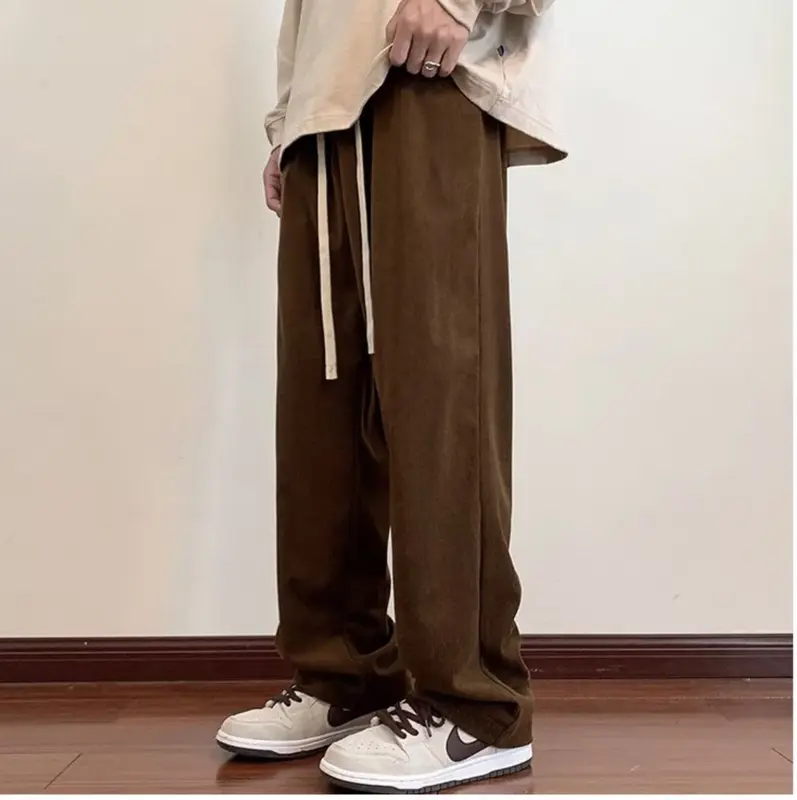 Quần ống rộng nam DOLARO nhung tăm lưng thun kèm dây rút bản lớn Menswear Kem 0