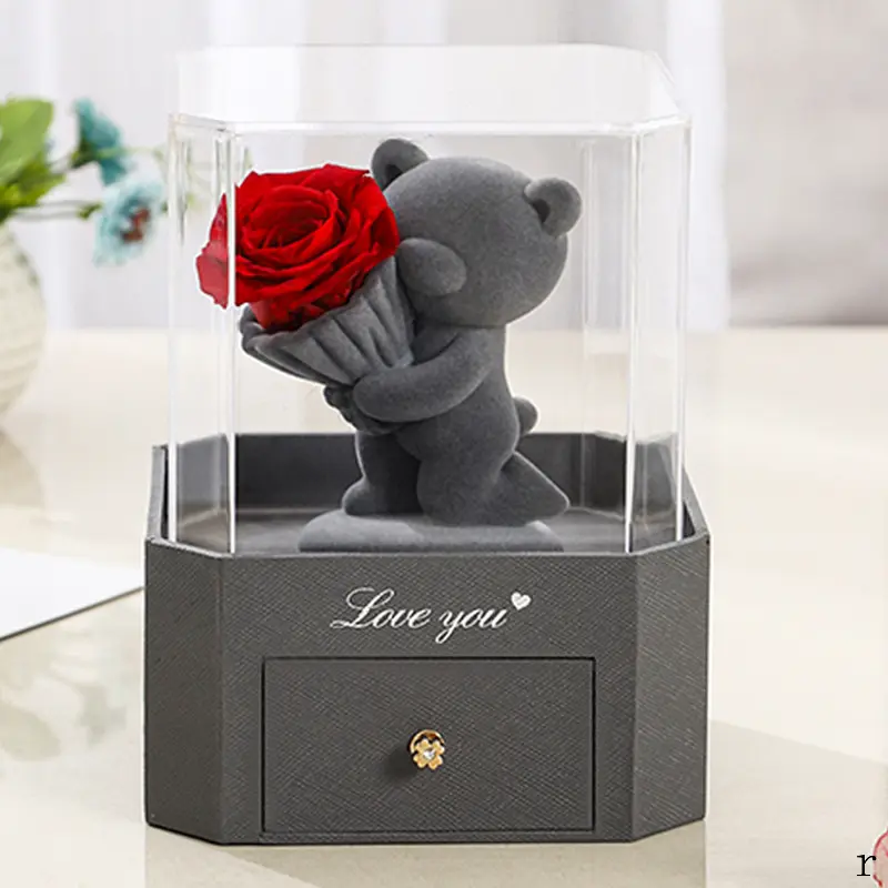 Acrylic Rose Preserved Fresh Flower Confession Bear Necklace Gift Box Rose for Birthdays and Valentine's Days Gift Creative Home Decoration Decorative Fruit Ornaments Plant