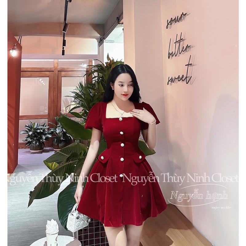 Váy đầm nữ thiết kế đi tiêc, đầm đỏ umi cồ vuông đính nút phối túi ôm eo dáng xòe dễ thương mtb Women DressThời trang mới năm 2025TOP 1